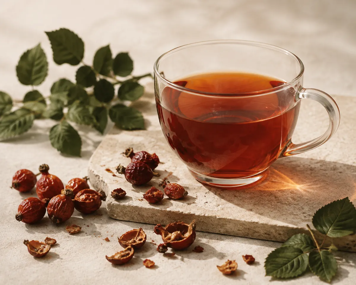Whole dried rosehips and broken shell beside a glass cup of russet infusion