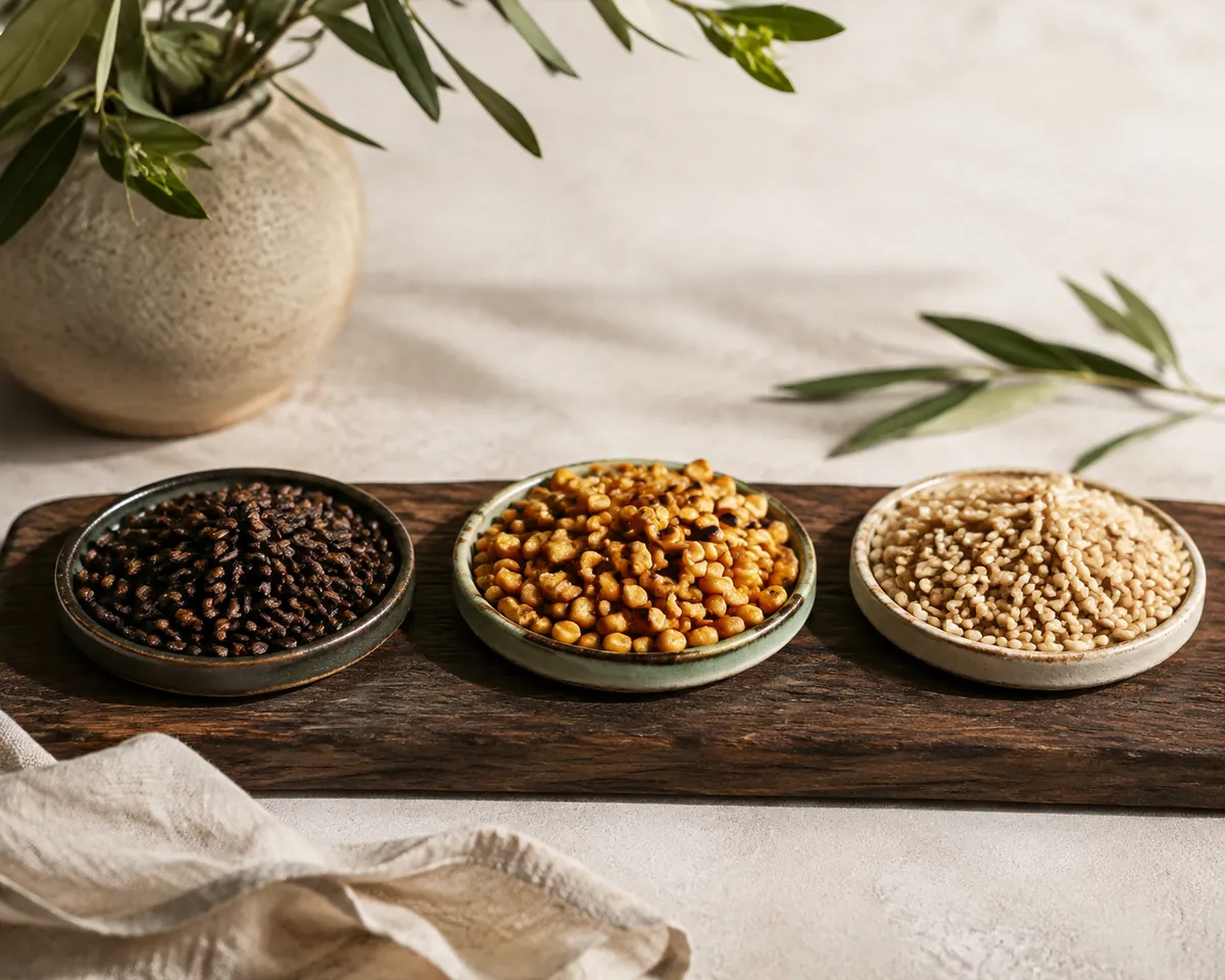 Three small dishes of roasted grain side by side, dark barley, golden corn and pale brown rice, on a dark wooden board
