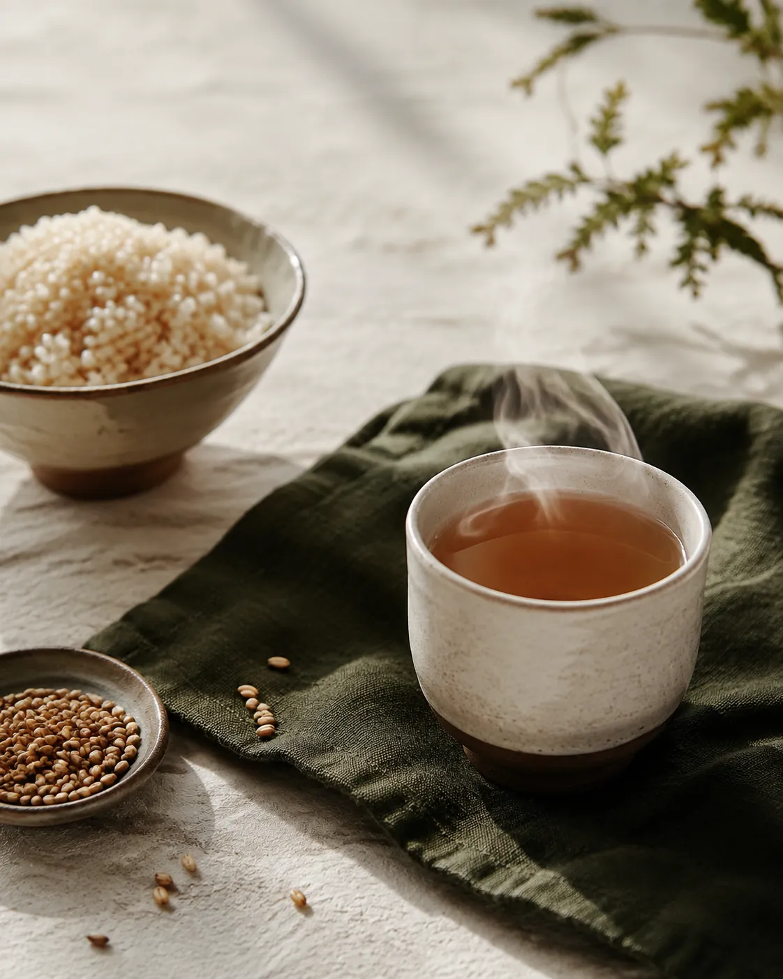 A small ceramic cup of hot amber barley tea beside a simple bowl of rice on dark linen, steam rising from the cup