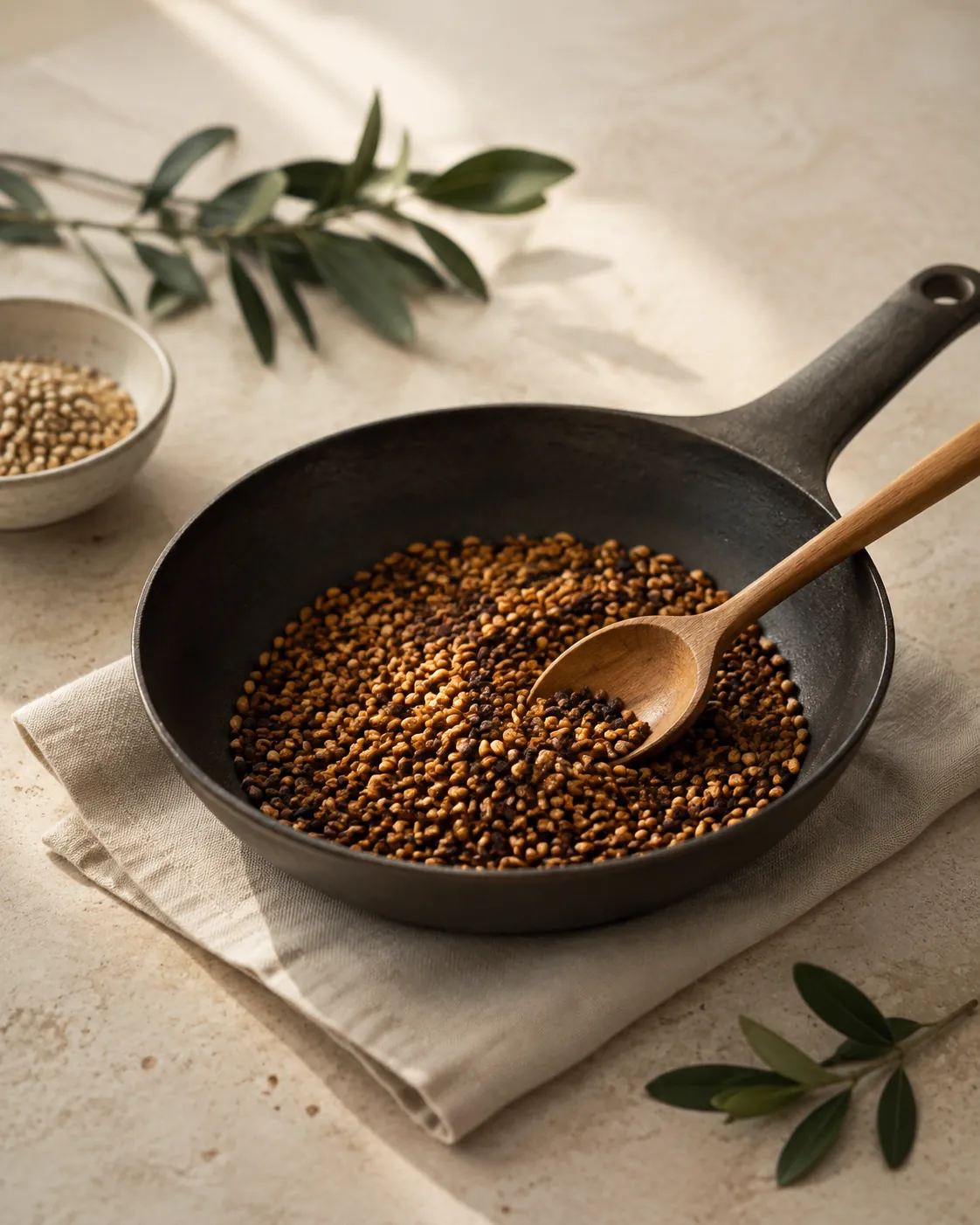 A dry frying pan of barley part way through roasting, some grains still pale gold and others gone deep brown, a wooden spoon resting in it