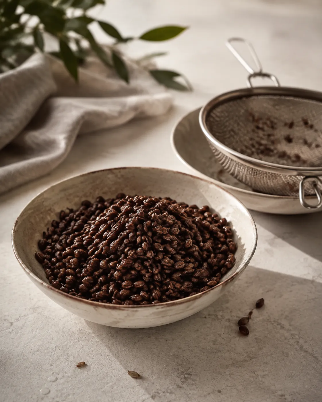 A bowl of damp spent roasted barley beside a strainer, the grains swollen and dark