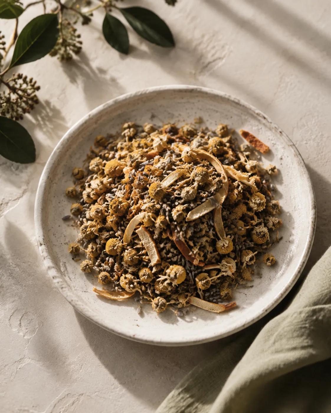 A dish of chamomile flower heads mixed with dried lavender and strips of citrus peel