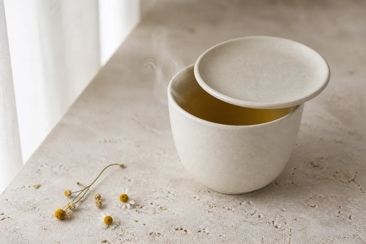 A ceramic cup of pale golden chamomile infusion with a small saucer resting over the top as a lid, faint steam escaping at one edge