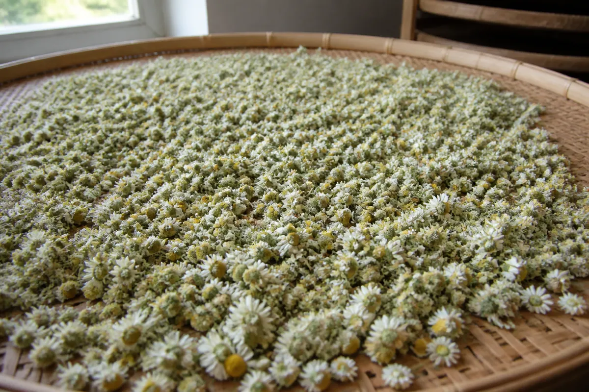 Freshly picked chamomile flower heads spread in a thin even layer across a large flat woven drying tray indoors