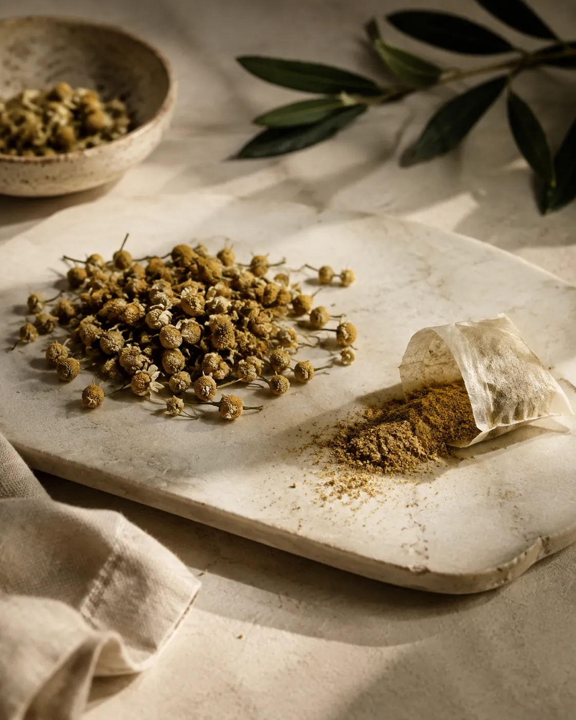 A heap of whole dried chamomile flower heads beside an opened teabag of fine yellow-brown dust