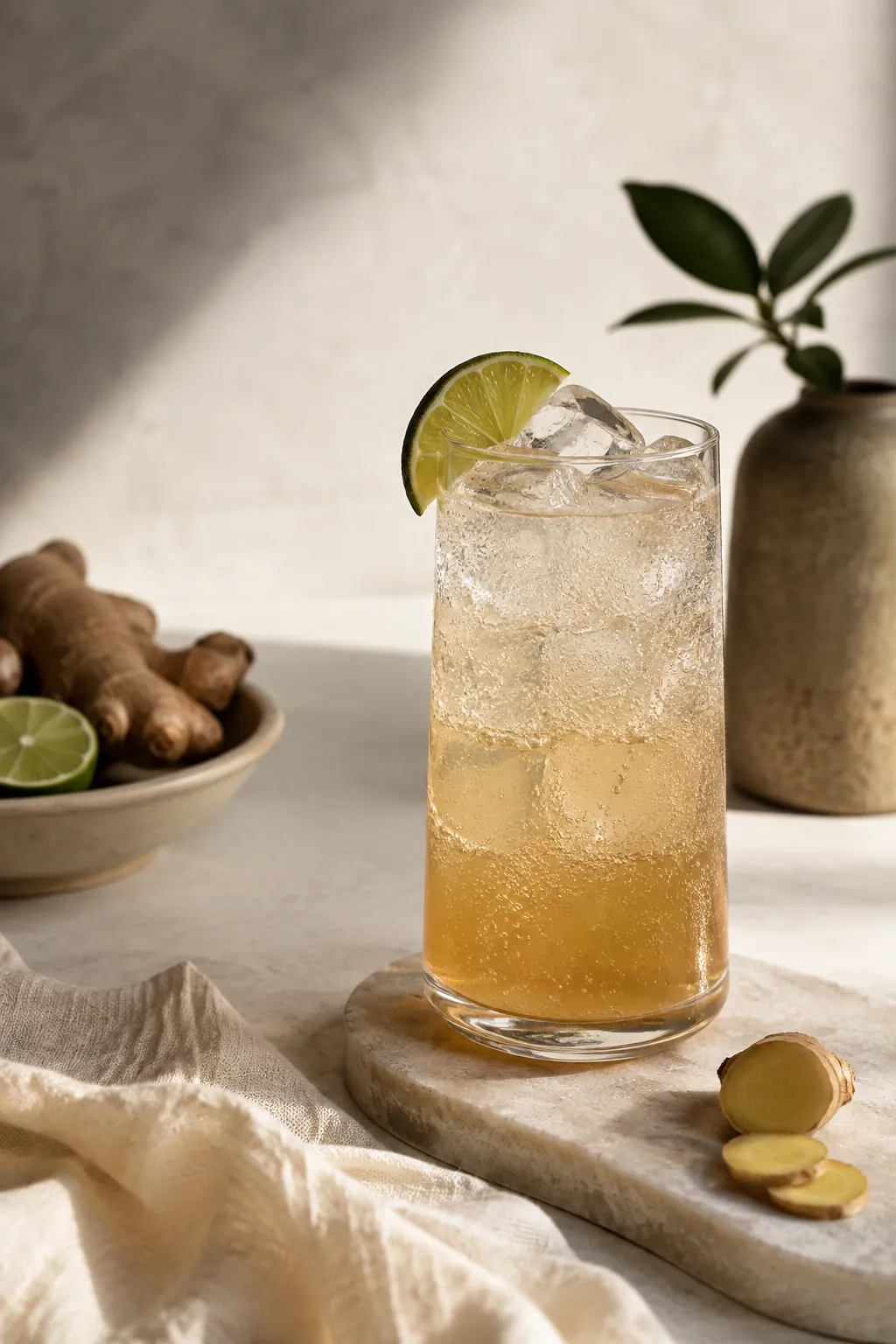 A tall glass of ginger syrup topped with sparkling water over ice, a lime wedge on the rim and bubbles rising through it