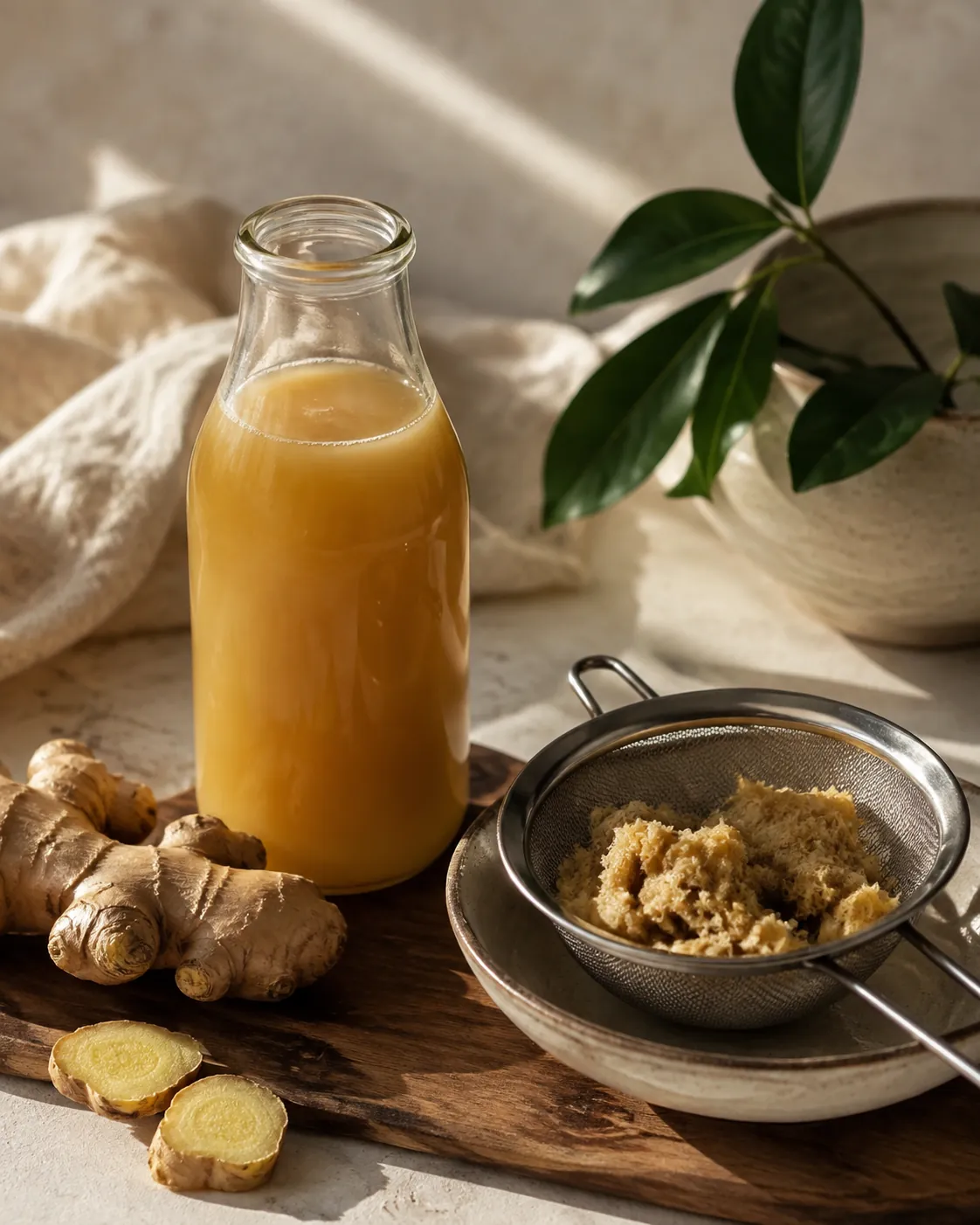 A bottle of cloudy golden ginger concentrate beside a strainer holding spent ginger pulp