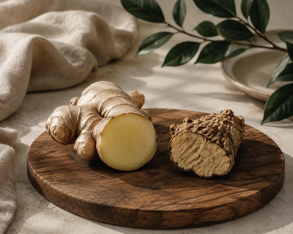 A firm knob of fresh ginger with taut skin beside a shrivelled fibrous older piece, both cut to show the flesh