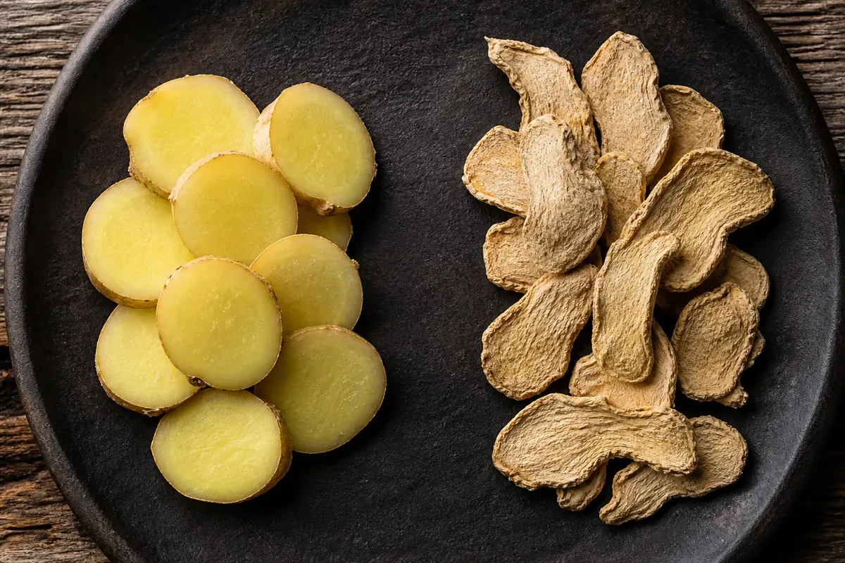 Fresh ginger coins on the left and dried tan ginger slices on the right on a dark ceramic dish, the moist flesh contrasting with the dry papery slices