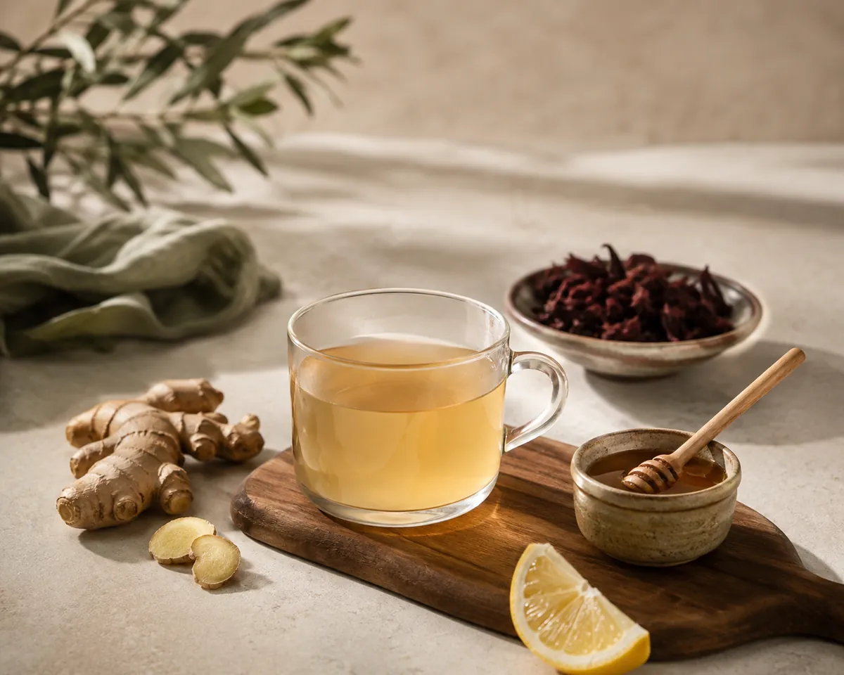 A cup of pale golden ginger tea with a lemon wedge and a spoon of honey beside it and a small dish of dried hibiscus behind