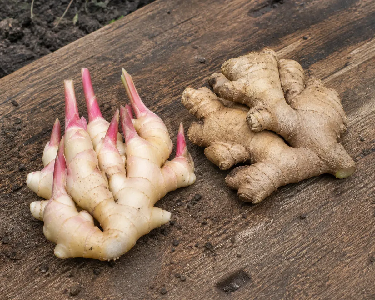 Fresh young ginger with pale translucent skin and pink-tipped shoots on a wooden board beside a piece of tough tan mature ginger