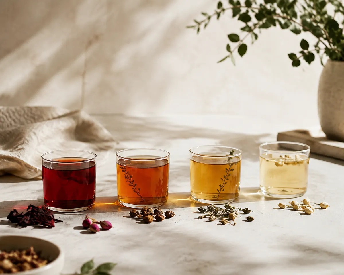 Four small glasses of herbal infusion in a row, from deep crimson hibiscus to pale yellow chamomile