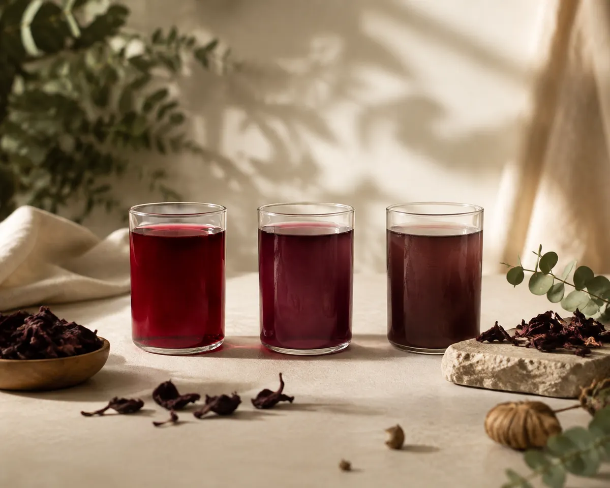 Three glasses of hibiscus infusion, the left deep crimson, the middle purple-red, the right a dull brownish purple