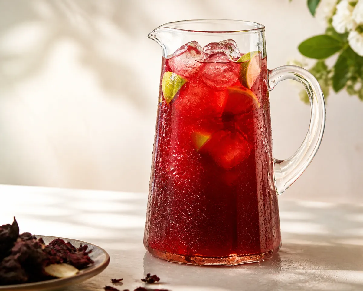 A tall glass jug of deep red iced hibiscus full of ice with lime wedges among it, condensation running down the glass
