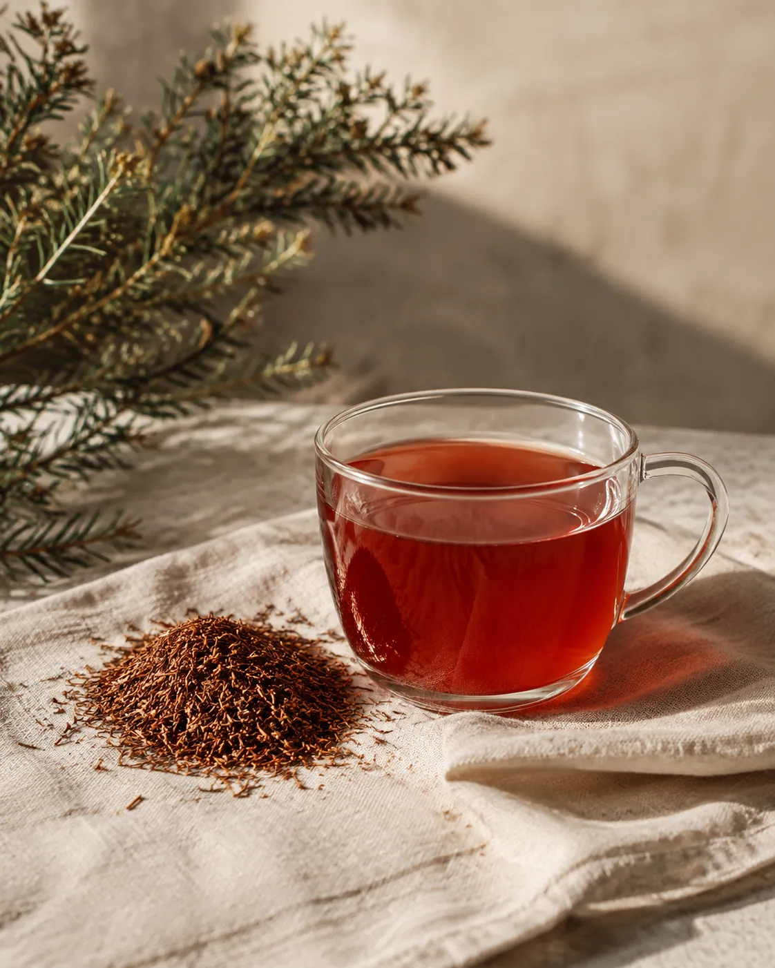 A glass cup of deep amber honeybush infusion beside a small heap of the shredded plant