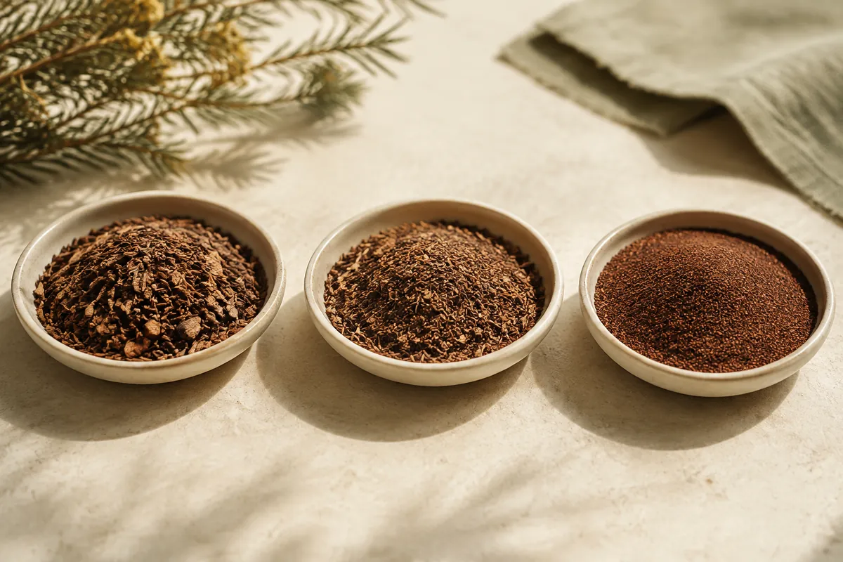 Three dishes of honeybush graded from coarse stem-heavy cut to a fine dark dust