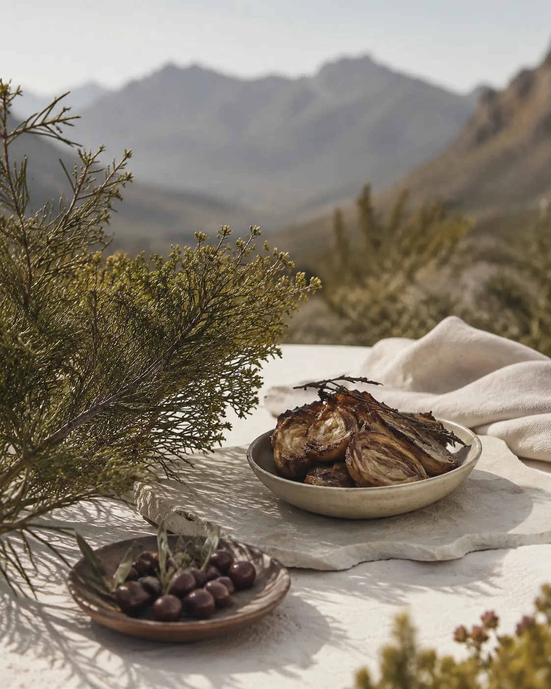 Low scrubby fynbos vegetation on a dry mountain slope with fine-leaved shrubs in the foreground