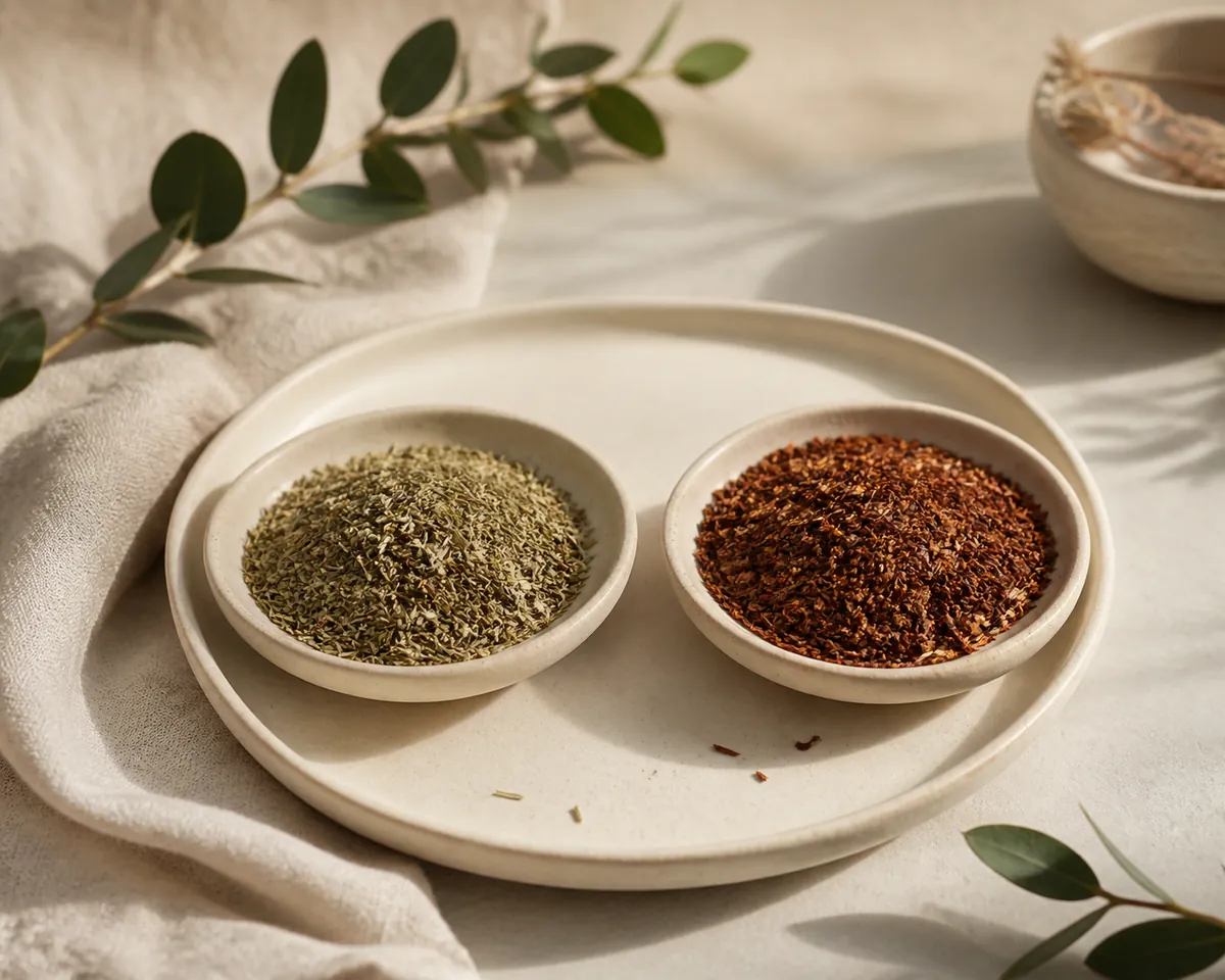 Two dishes of shredded honeybush, the left pale green and the right deep coppery red