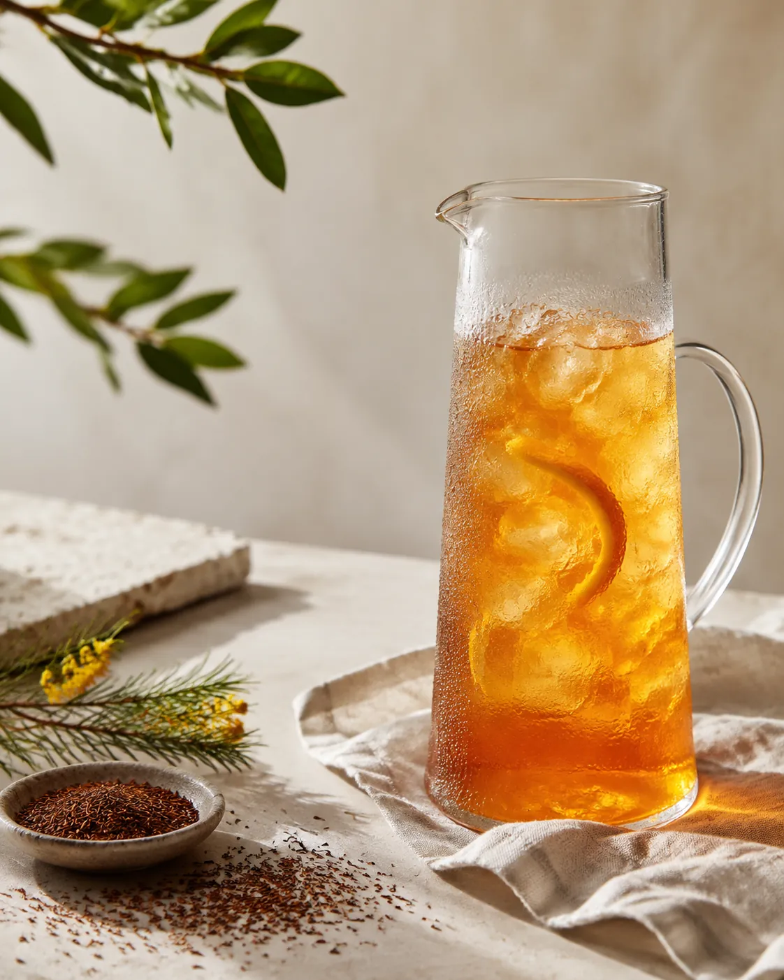A tall glass jug of iced honeybush with a slice of orange peel and heavy condensation