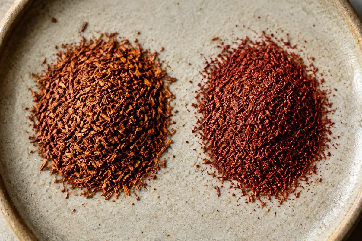 Two heaps of shredded reddish plant material on a pale dish, the left coarser and lighter coppery-brown and the right finer and deeper red