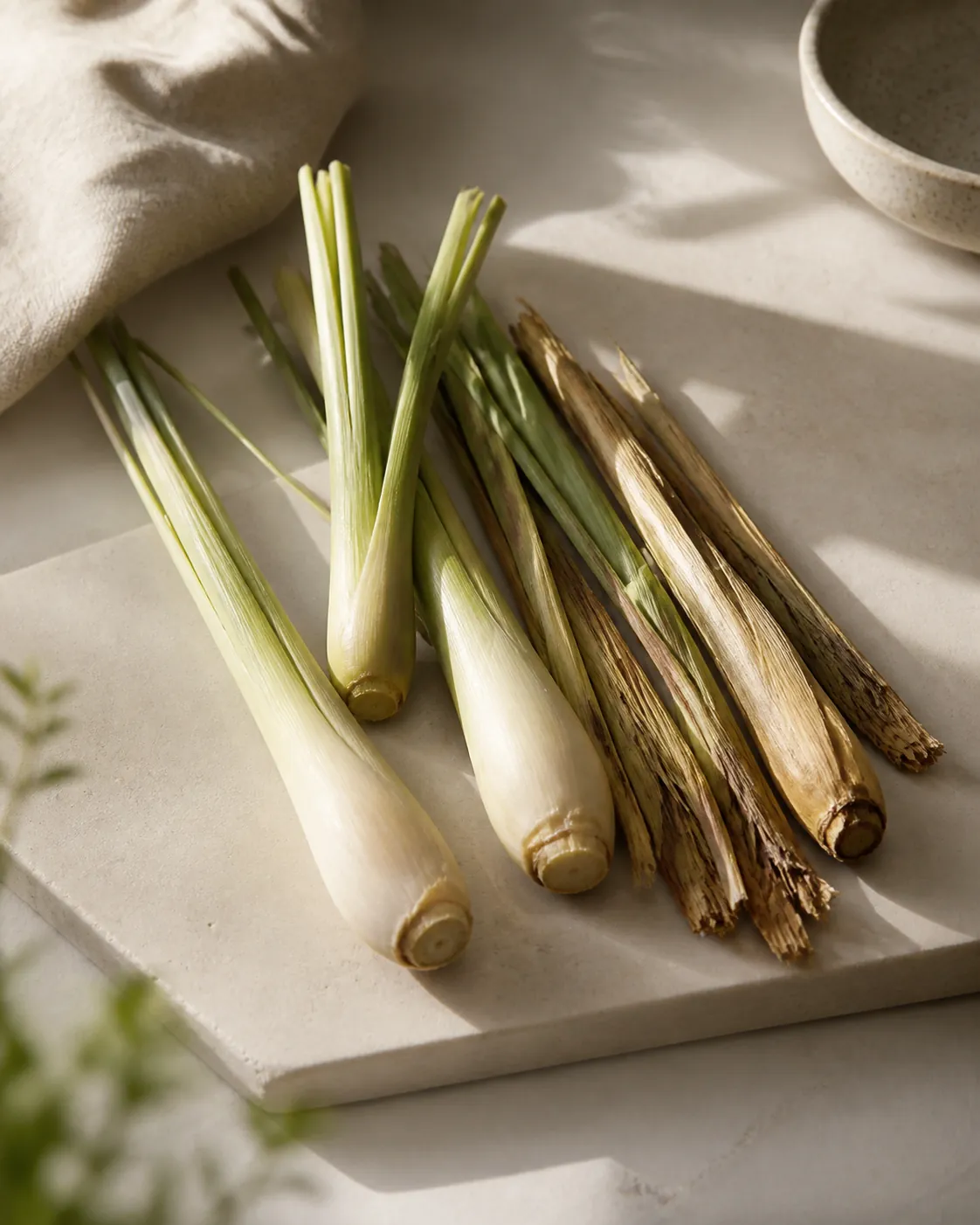 Several lemongrass stalks on a pale board, some plump and firm with pale bulbous bases and others dry and shrivelled