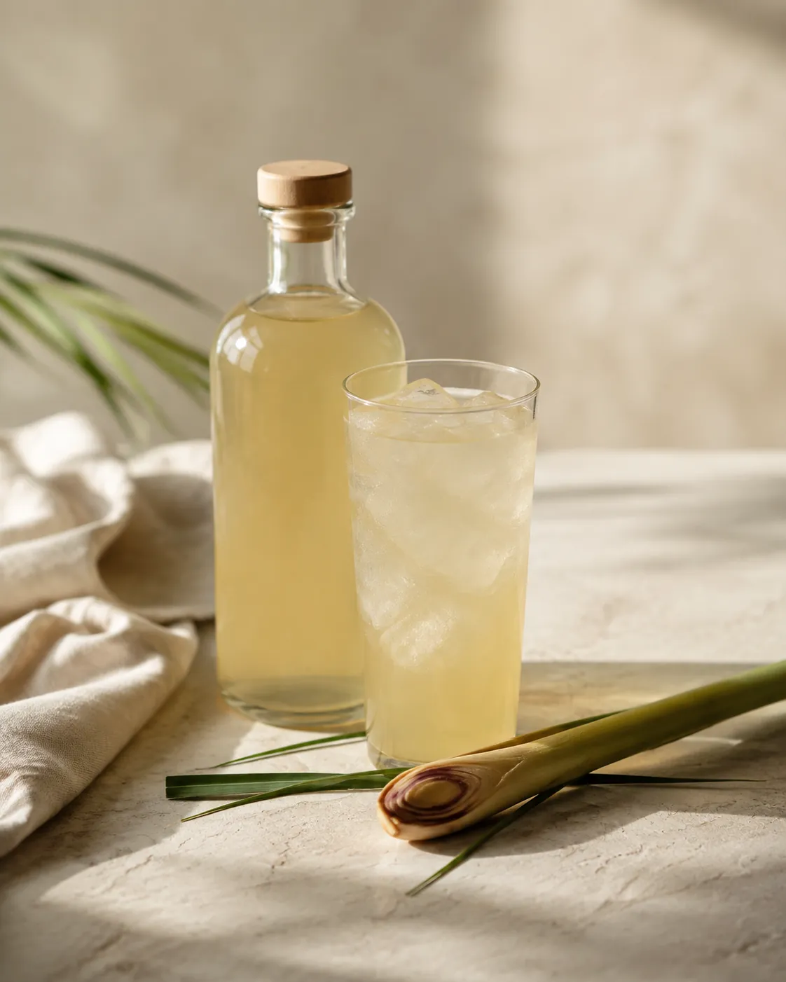 A bottle of pale straw-coloured lemongrass cordial beside a tall glass of it diluted over ice, a bruised stalk alongside