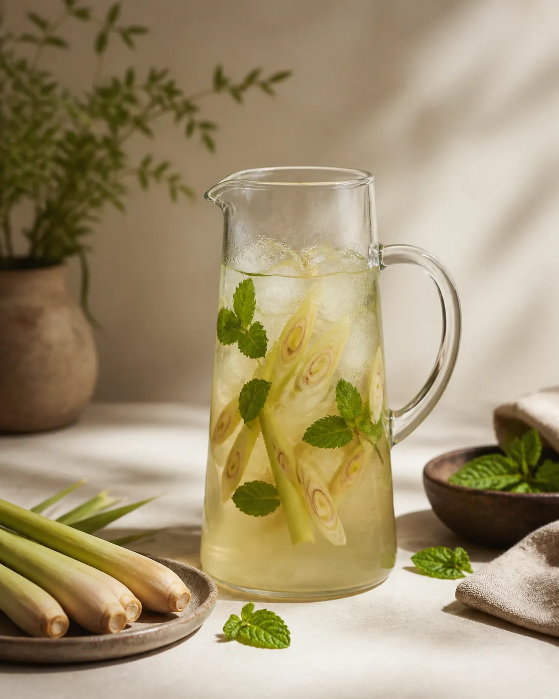 A tall glass jug of pale iced lemongrass infusion with sliced stalk and a few mint leaves suspended in it, condensation on the glass