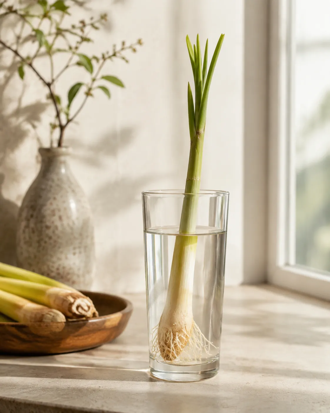 A lemongrass stalk standing in a glass of water on a windowsill with white roots showing at the base