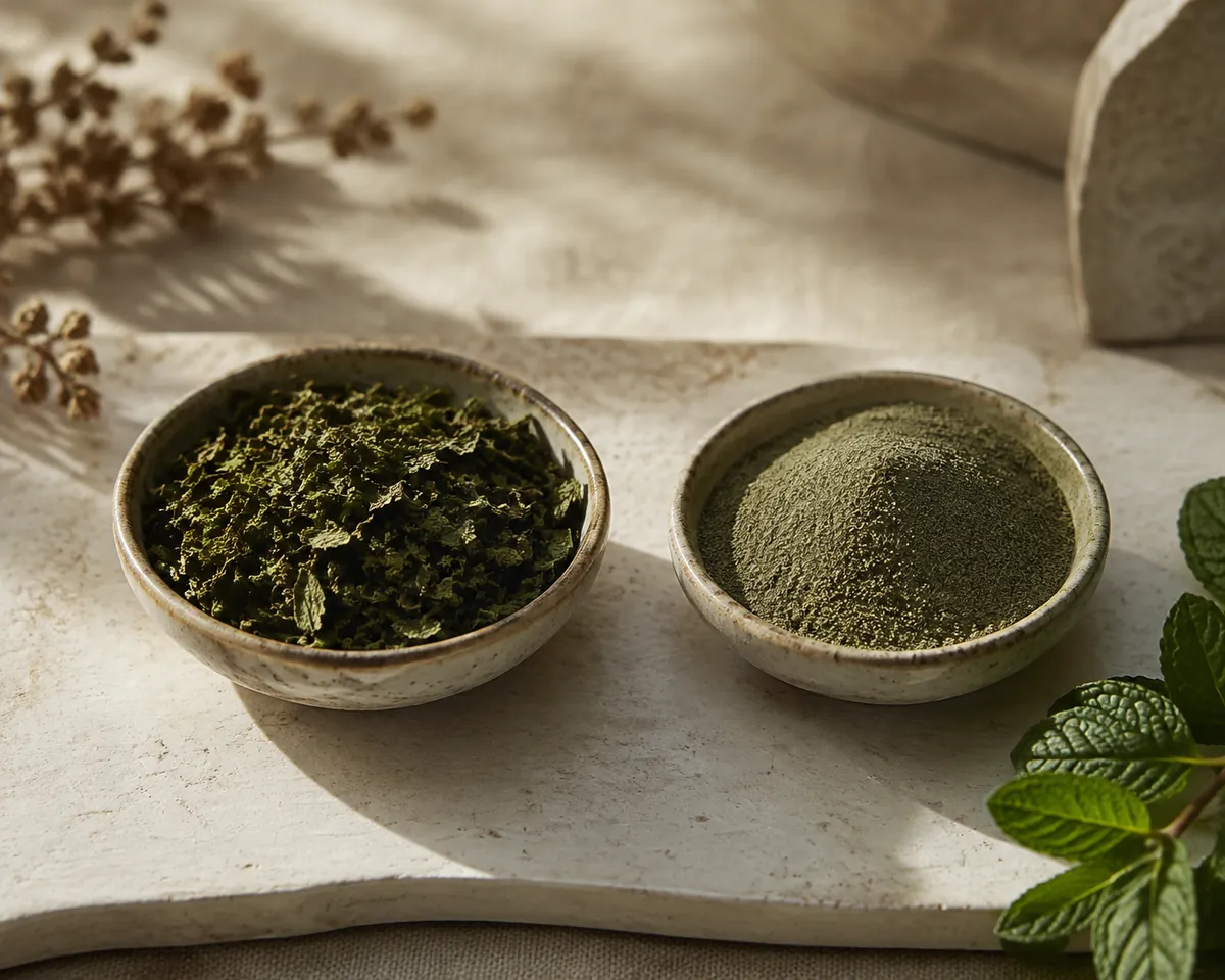 Two dishes of dried mint, the left coarse whole leaf and the right a fine grey-green dust
