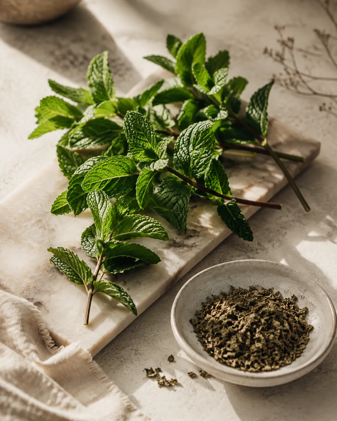Fresh peppermint sprigs beside a dish of crumbled dried peppermint leaf