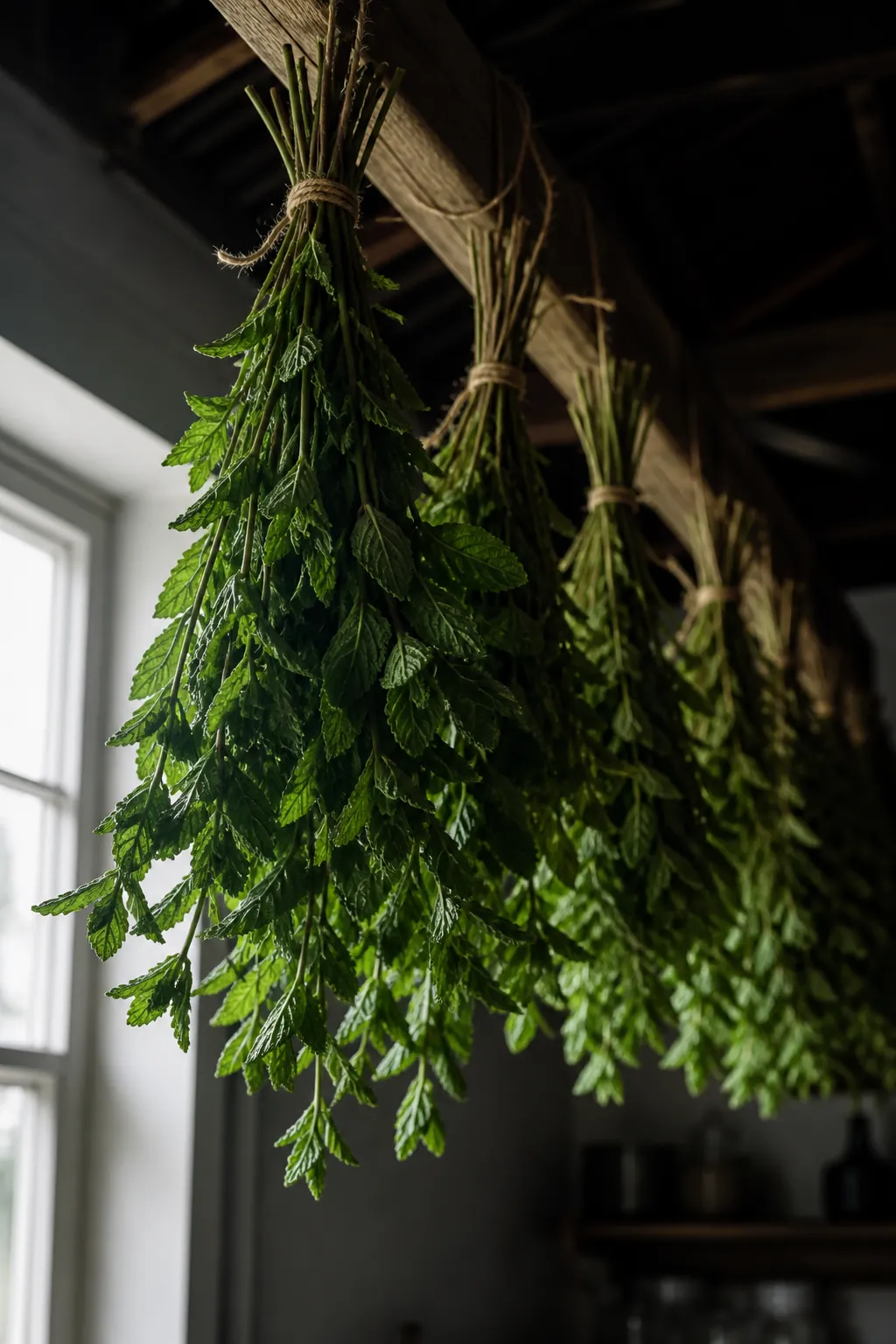 Bundles of peppermint stems tied loosely and hung upside down to dry from a wooden rail in a dim airy room