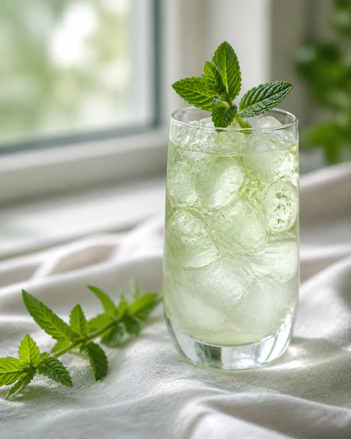 A tall glass of iced peppermint infusion full of ice, the liquid a clear pale green, with a fresh mint sprig on top and condensation on the glass