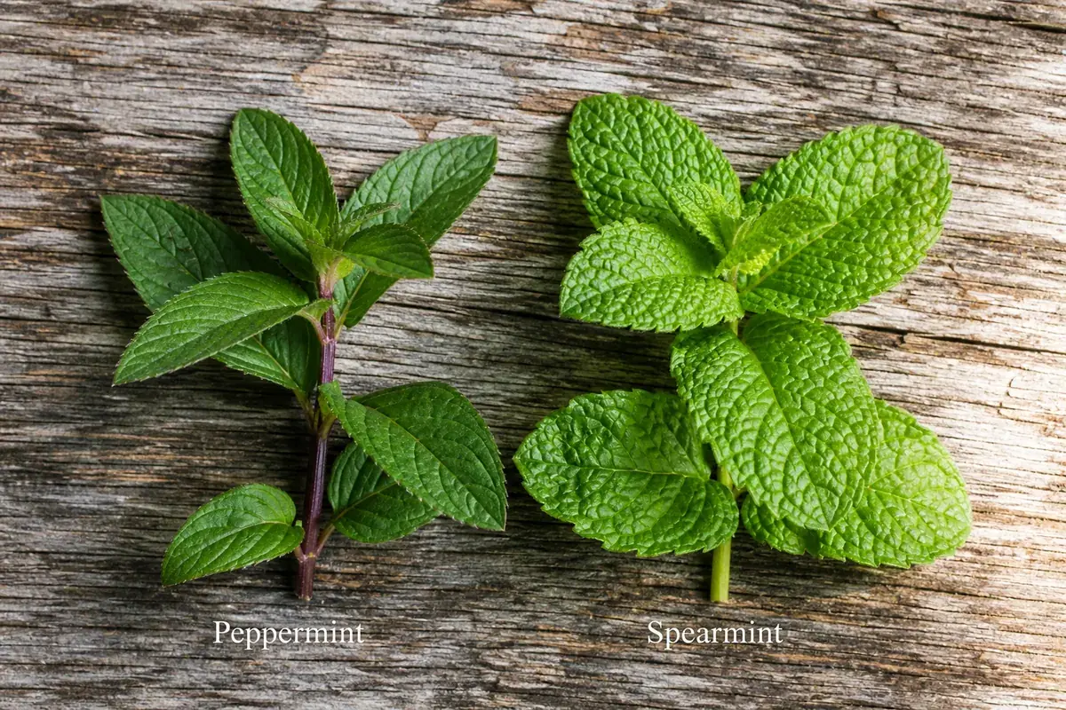 Two fresh mint sprigs side by side on weathered wood: peppermint with darker smooth pointed leaves and purple-tinged stems, spearmint with brighter crinkled rounded leaves