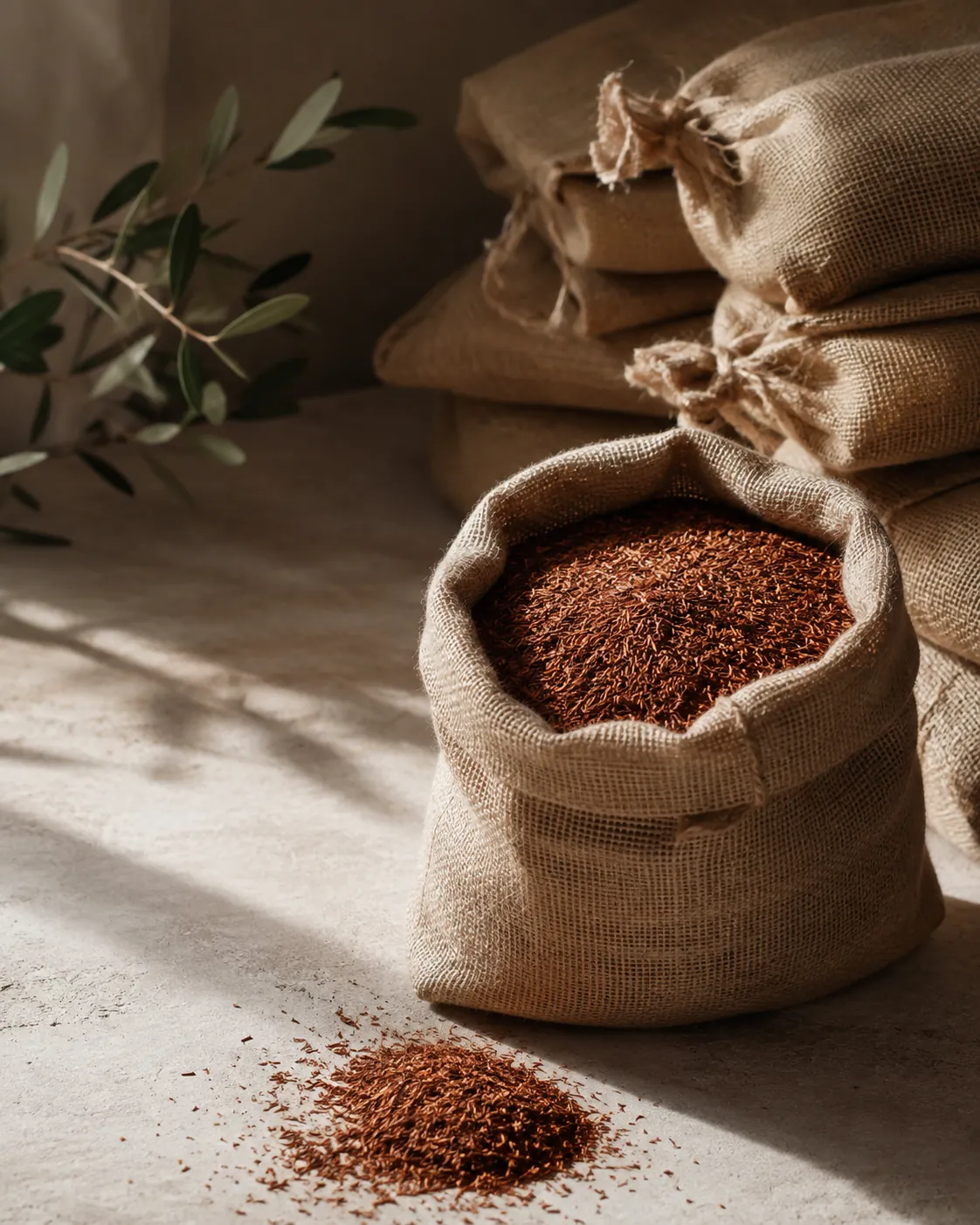 Stacked hessian sacks of dried rooibos in a dim store with one open at the top