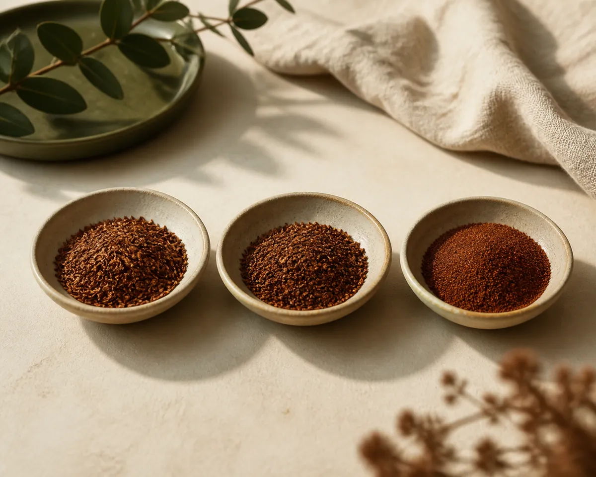 Three dishes of rooibos graded by cut, from long needle-like pieces to a fine dust