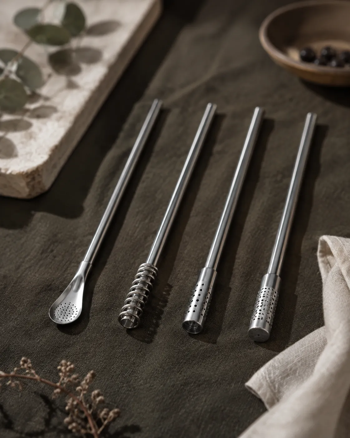 Four metal drinking straws laid parallel on dark linen, one spoon-shaped, one with a coiled spring and two perforated