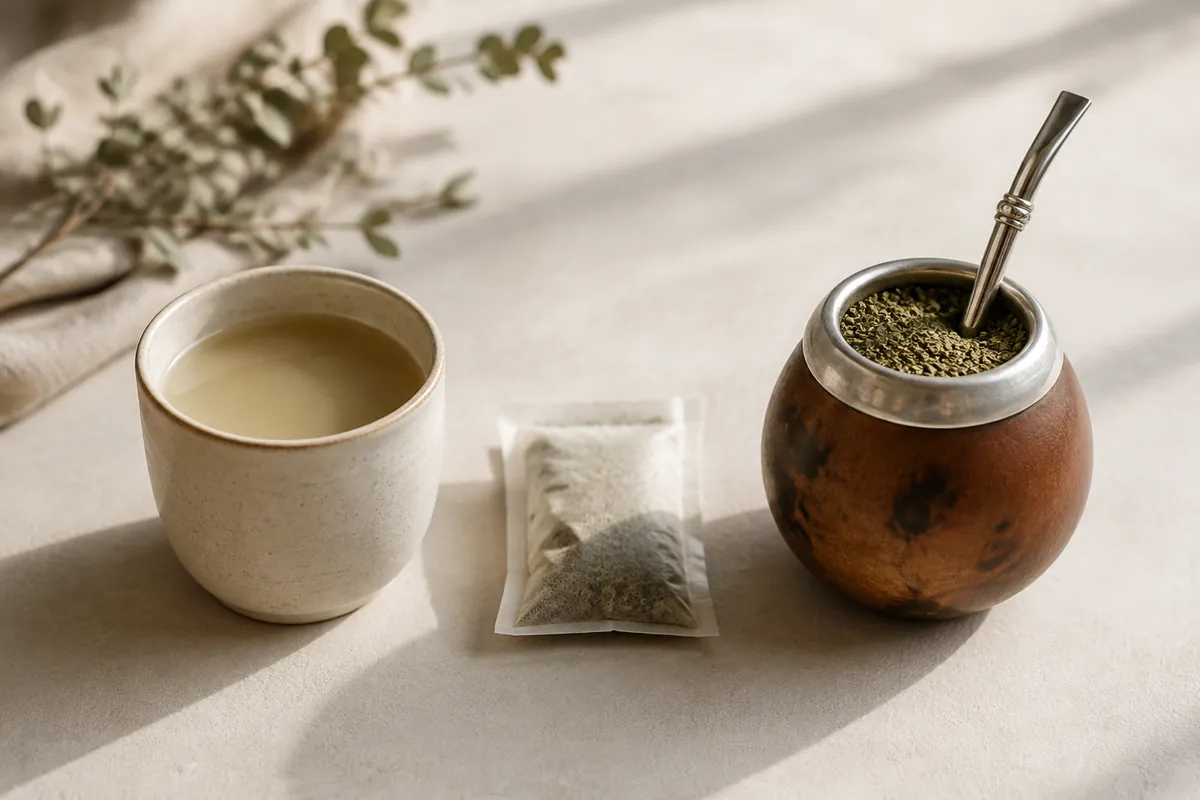 A plain cup of brewed mate with milk beside a paper infusion bag of yerba and a packed gourd with its metal straw