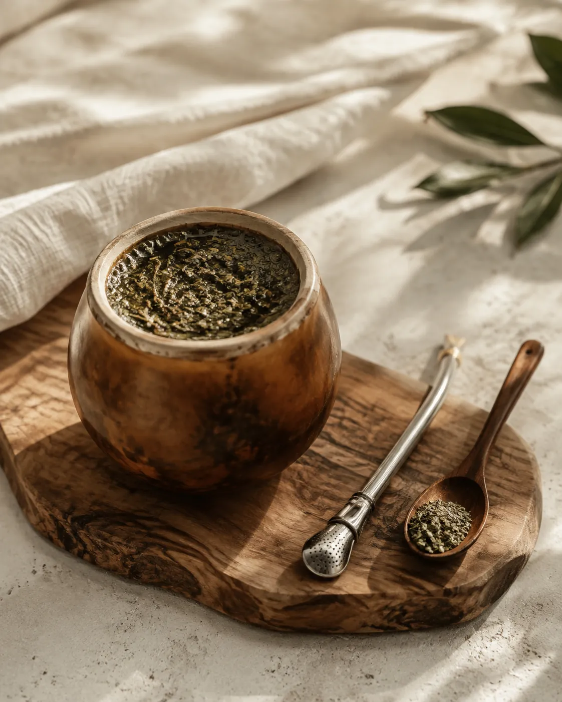 A natural gourd filled with wet used mate leaf and water on a wooden board, a small spoon and a metal straw beside it