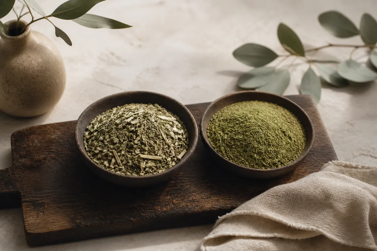 Two dishes of yerba mate, the left coarse with visible stems and the right a fine bright green powder