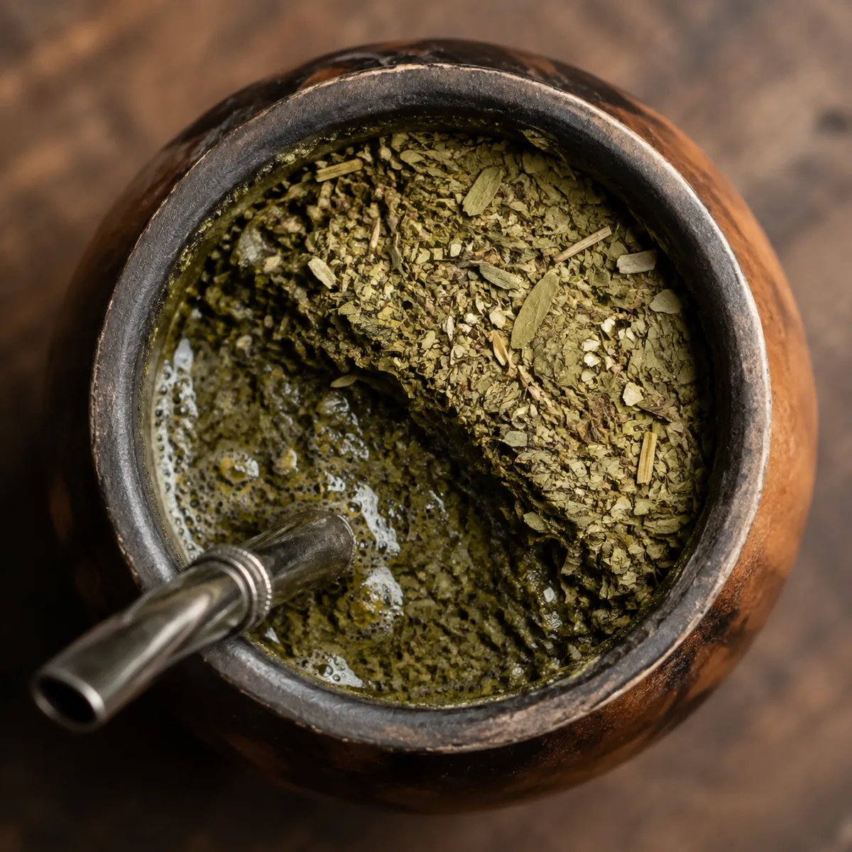 Looking into a gourd packed with yerba mate tilted into a slope, one side visibly wet and darker with a metal bombilla resting in it
