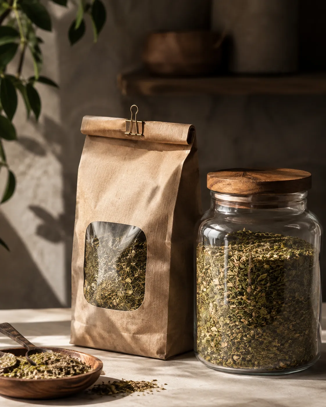 An opened bag of yerba mate folded and clipped shut beside a sealed glass jar of it