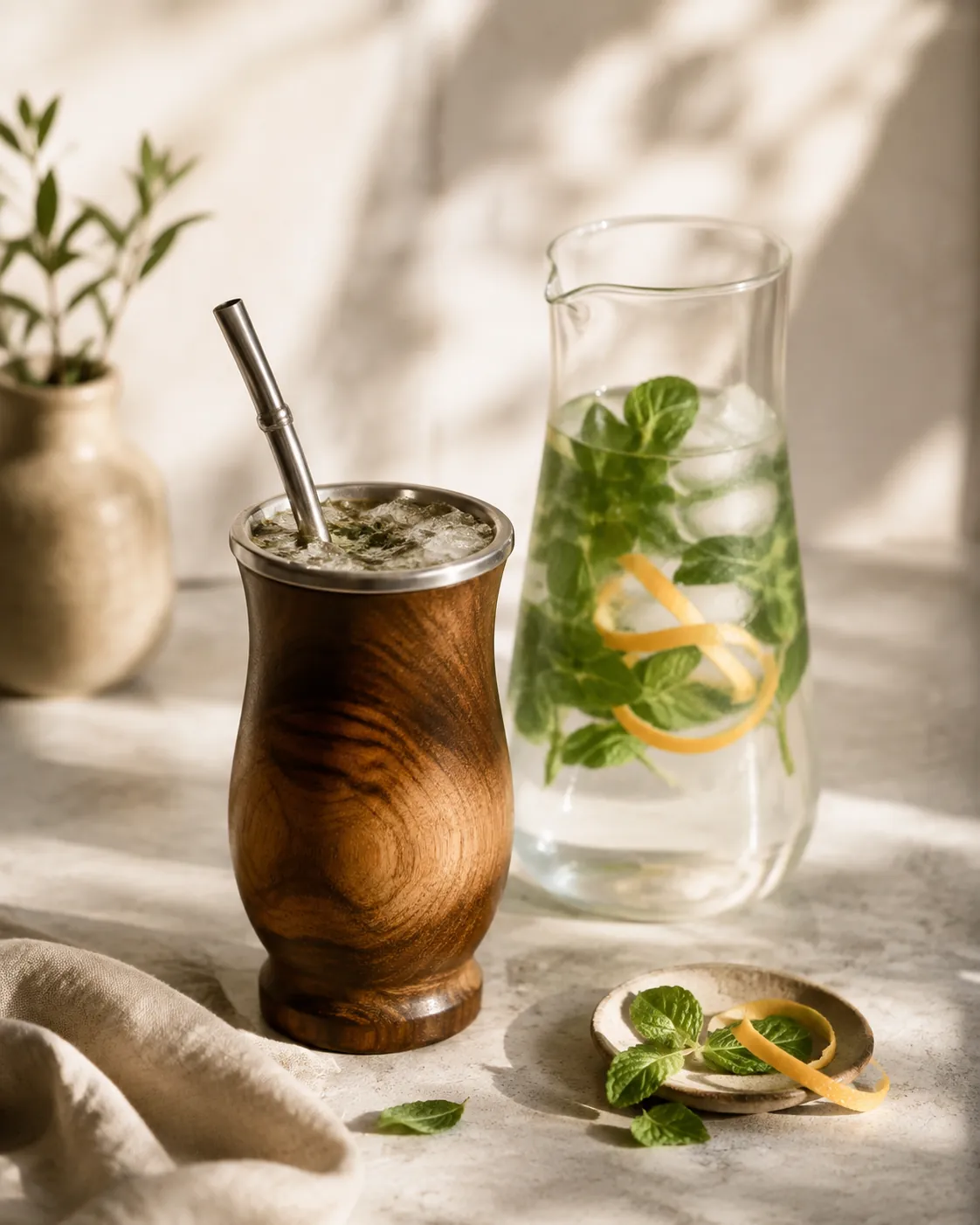 A tall wooden vessel of iced mate with a metal straw beside a jug of cold water with mint and citrus peel in it
