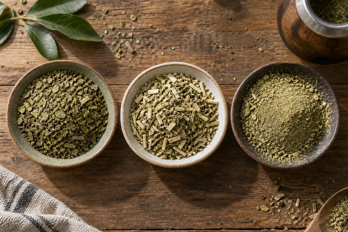 Three samples of yerba mate showing a leafy cut, a stem-heavy cut and a fine powder-rich cut in separate dishes
