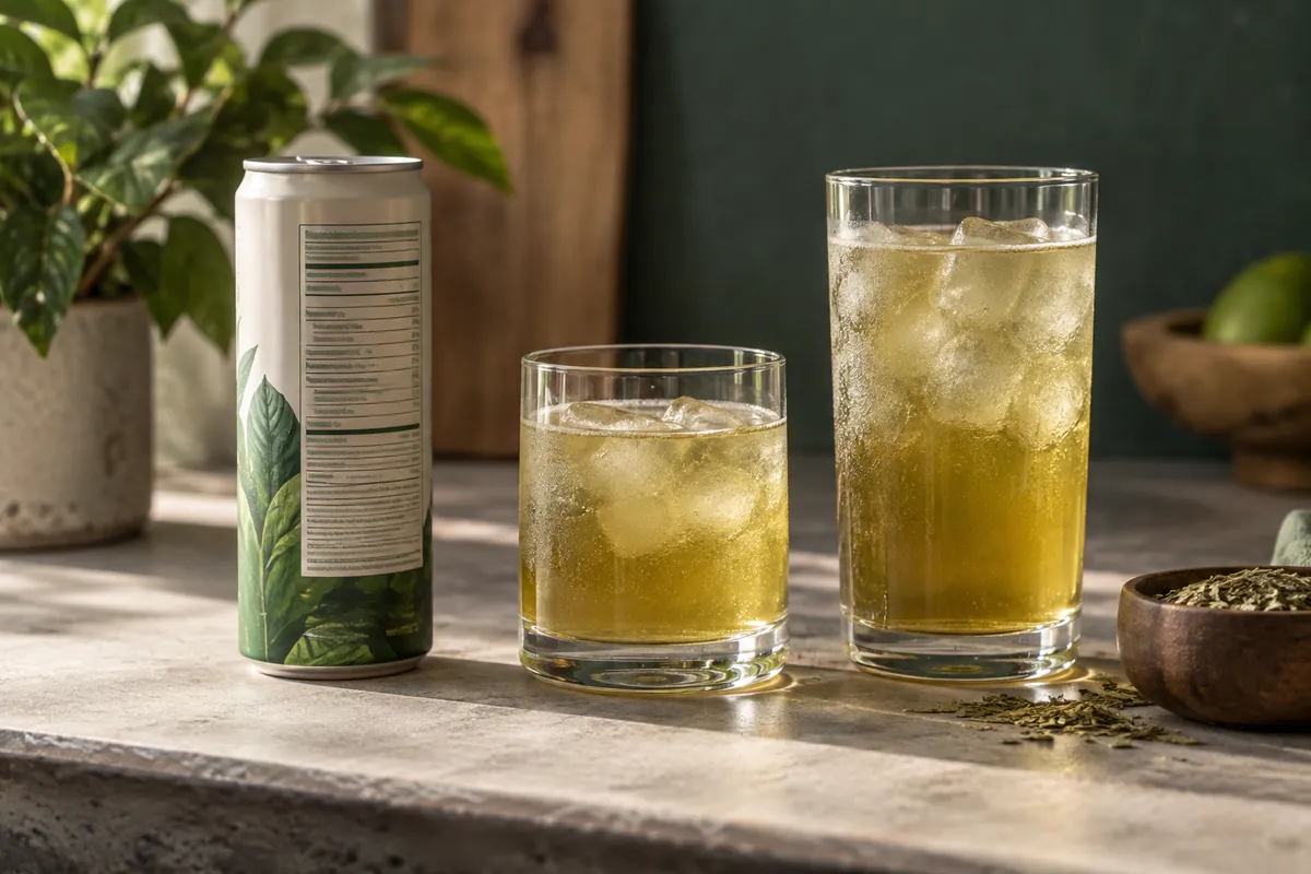 An unbranded slim yerba mate can with a nutrition panel beside two differently sized serving glasses