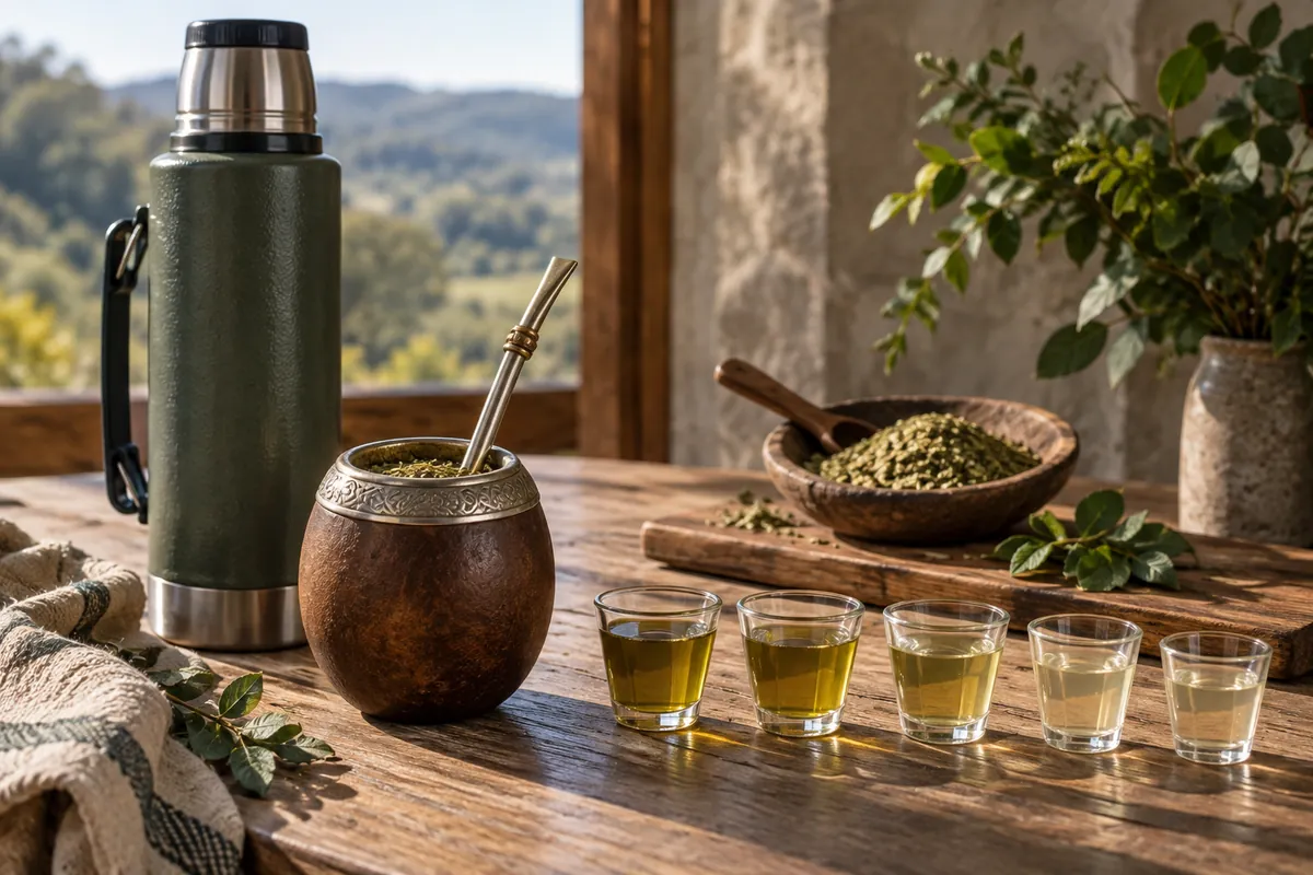A mate gourd filled with dry yerba beside a one-litre thermos and a row of small measured pours