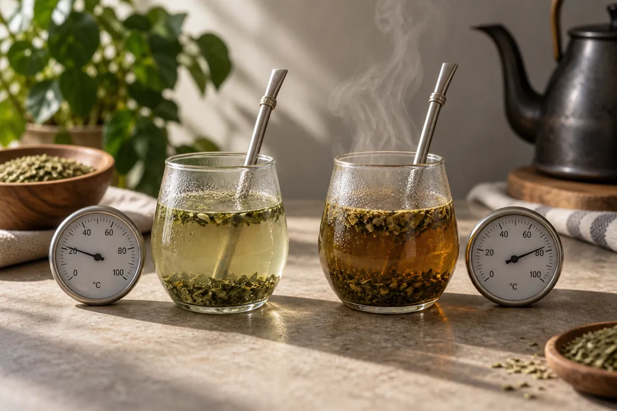 Two thermometers beside identical yerba mate infusion vessels marked visually by cool and hot water without text