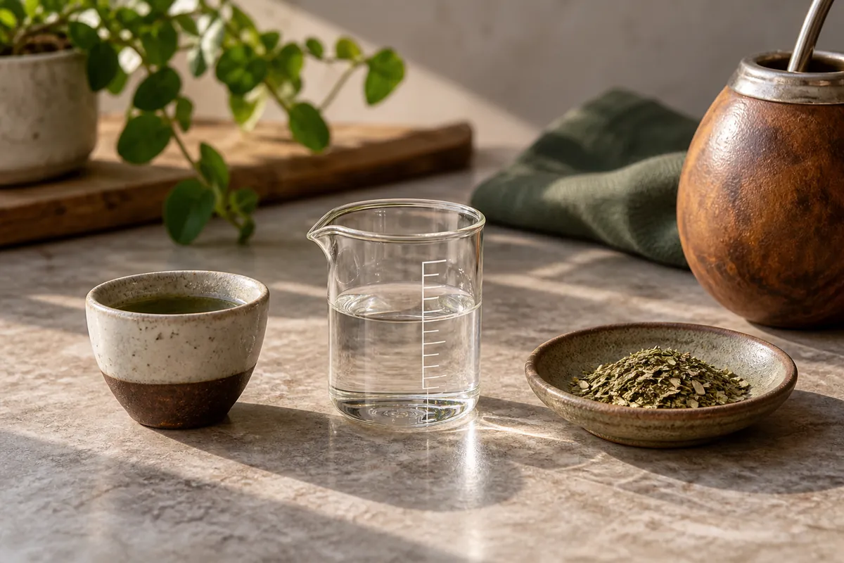 Three plain laboratory cards beside yerba mate showing the units milligrams per cup, milligrams per 100 millilitres and milligrams per gram