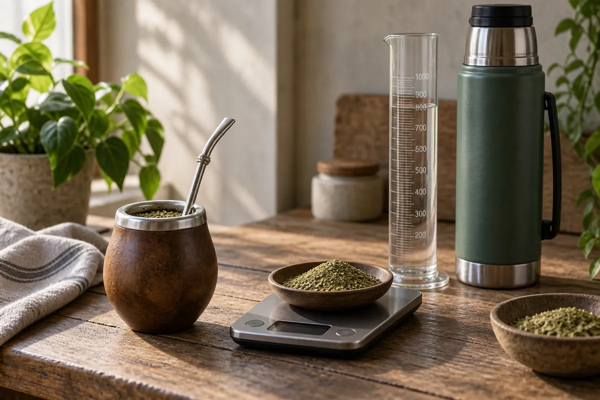 A yerba mate gourd and bombilla beside a digital scale, measured dry leaf and a one-litre water flask