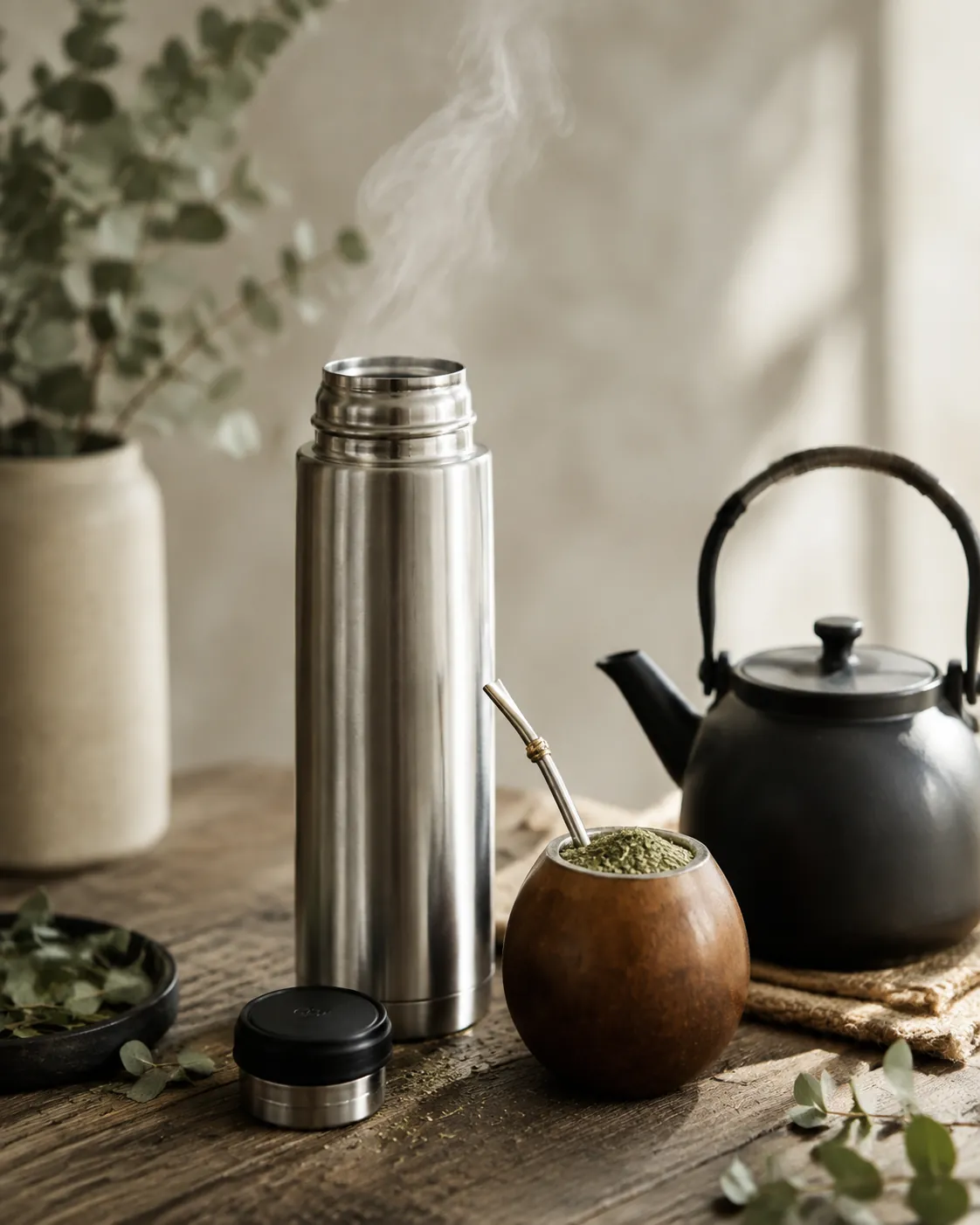 A stainless vacuum flask standing open beside a kettle and a packed gourd on a wooden table, faint steam above the flask