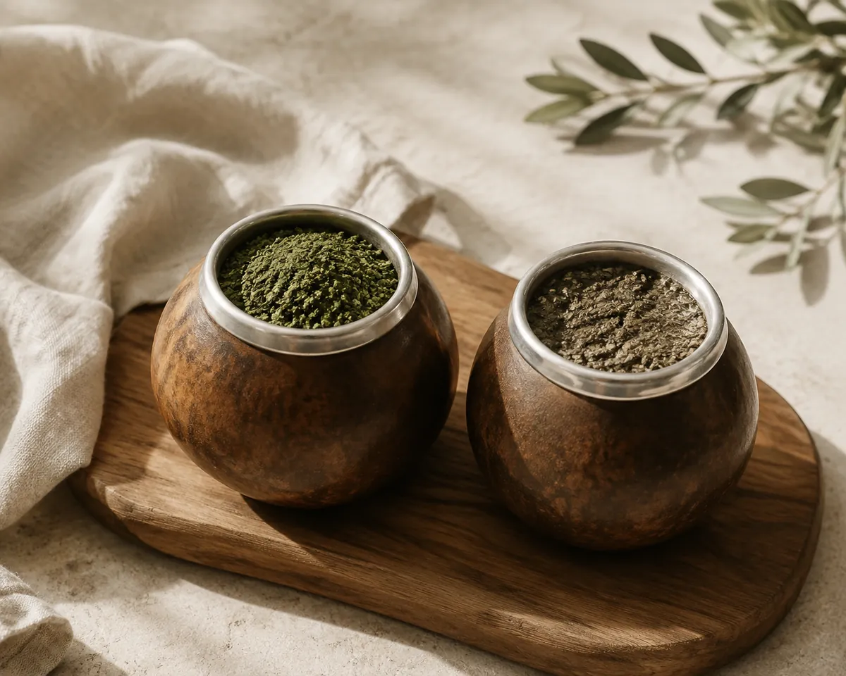 Two gourds side by side, one packed with deep green yerba mate and one holding pale grey-green spent leaf